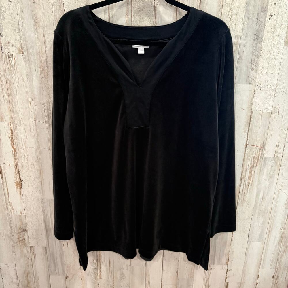 J. JILL PURE JILL Black Velour V-Neck Tunic Top Women's Large Velvet Minimalist
